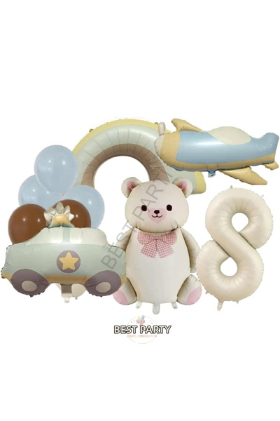 BEST PARTİ Latex Balloon Rainbow Airplane Police Car Birthday Balloon Set wit...