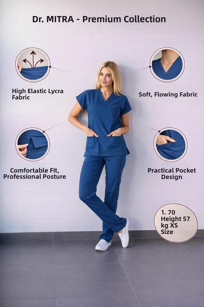 Dr. Mitra Μπλε λυκράνικο φόρμα νοσοκόμας-γιατρού, unisex χειρουργική στολή scrub
