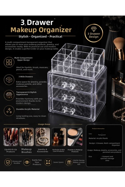 VitaMood Yaşam 3-Drawer Transparent Makeup Organizer – Multi-Compartment Cosm...