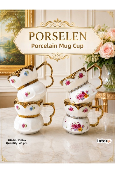 İnterlife Porcelain Mug Cup with Gold Detail and Floral Pattern Vintage Coffe...