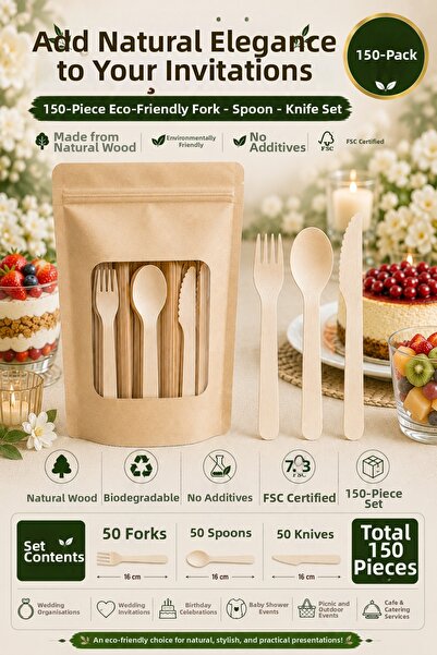 OpenCity 150-Piece Ecological Wooden Fork Spoon Knife Set 16 cm Disposable In...
