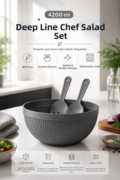 Virela Home Deep Line Chef Salad Set Large Salad Bowl with Serving Spoon Anthracite