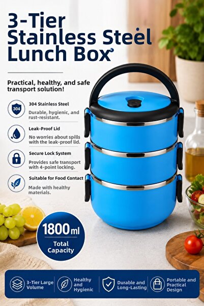 Sas Haus 3-Tier Stainless Steel Food Container 1800 ml Leak-Proof Portable Lu...