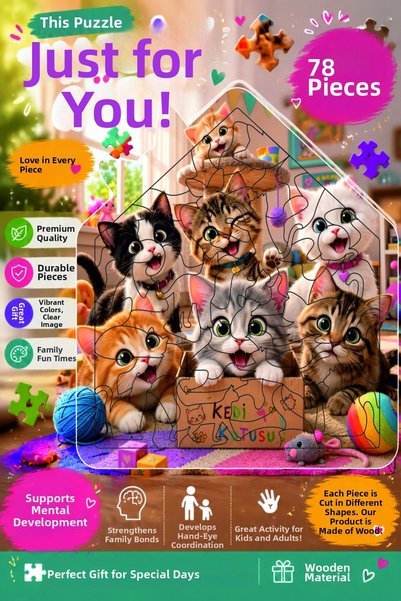Leelii Tasarım Cute Cats House Shaped Special Cut Wooden Puzzle 78 Pieces