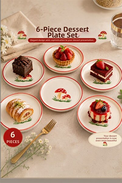 Akkoyunlu home Set of 6 Ceramic Dessert Plates with Mushroom Pattern and Red ...