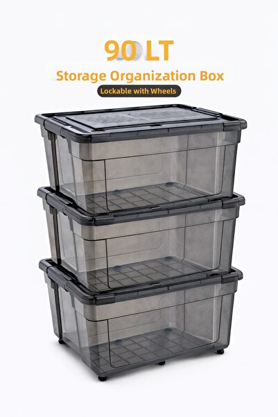 LOREMPBOX 90 Lt Storage Box Anthracite Lockable with Wheels 3 Pieces Storage