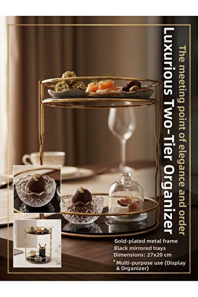 EMFA HOME Luxury Two-Tier Organizer Gold Black Mirrored Presentation Stand 27...
