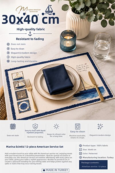 izbul Marina Esintisi 12-Piece American Service Set 30X40 cm Stylish and Mode...