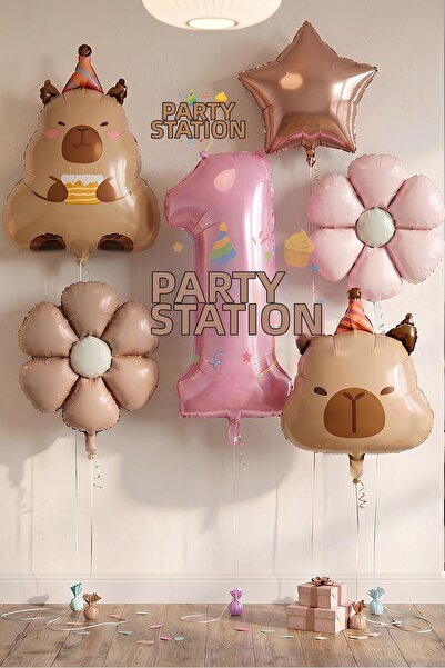 Parti Station Capybara Themed 1 Year Old Birthday Balloon Set 6 Piece Capybar...
