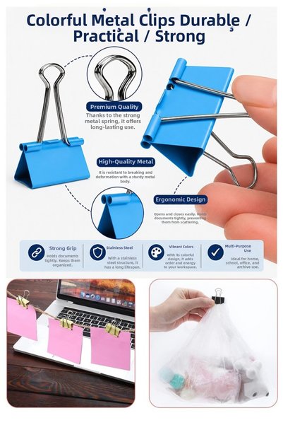 Artmaster Colorful Steel Clamp Clips 41 mm 12 Pieces Document Clips Colorful Metal Clips Binder Clips Clamp 180 Sa