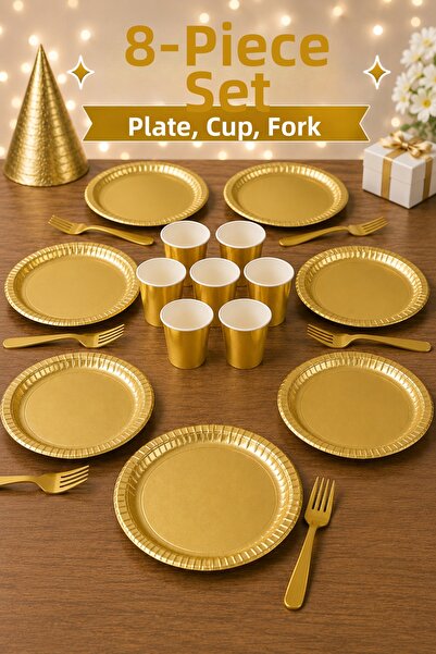 Baloncu Nene 8-Piece Shiny Gold Cardboard Plate Cup Fork Set Metallic Gold Pa...