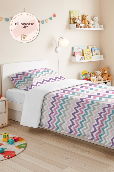 Evimde Bambaşka Zigzag Pastel Pink Young Girl's Room Single Pique Set - Geome...