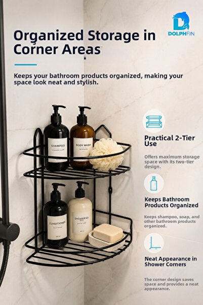 DolphFin 2-Tier Black Bathroom Shower Shelf Corner Metal Shampoo Soap Holder ...