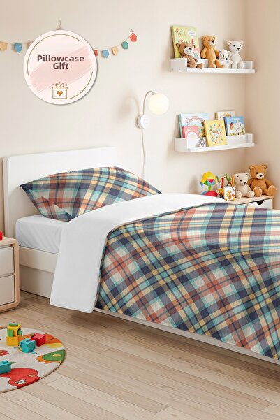 Evimde Bambaşka Plaid Blue Youth Room Single Pique Set-Pastel Geometric Salmo...