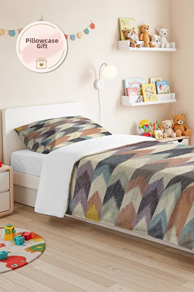 Evimde Bambaşka Geometric Gray Young Room Single Pique Set - Modern Blue Beig...