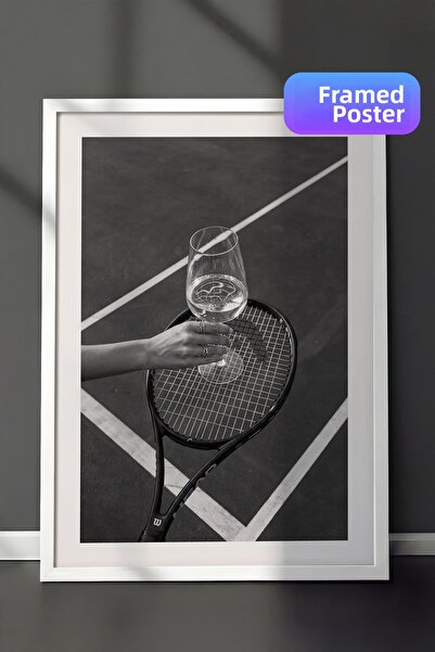 Postifull Poster cu rachetă de tenis și pahar de vin, poster în cadru alb, se...