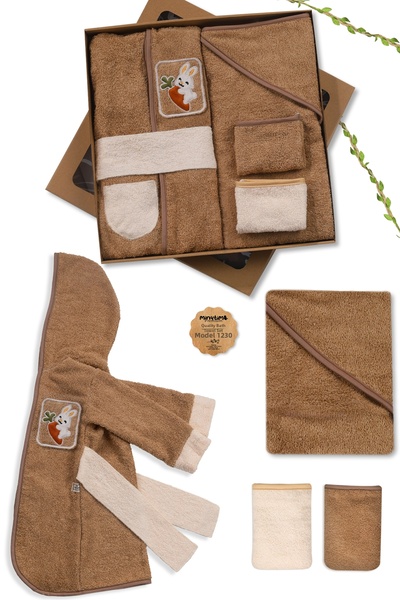 MinyTim 4 Piece Baby Bathrobe Set - 100% Cotton Towel |   Cute Friend Snowball