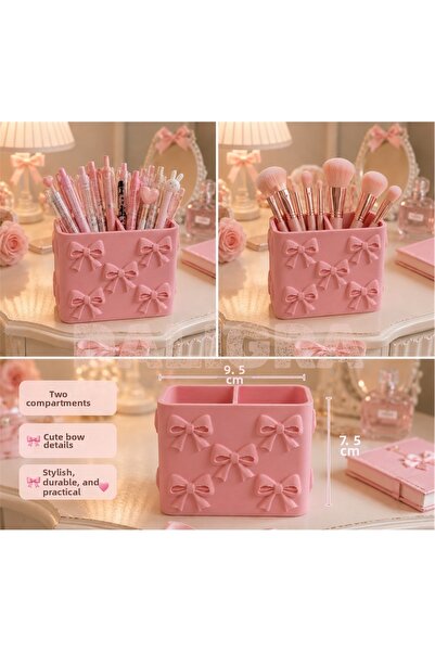 daligra 2-Compartment Desktop Pen Holder & Makeup Brush Holder with Bow Detai...