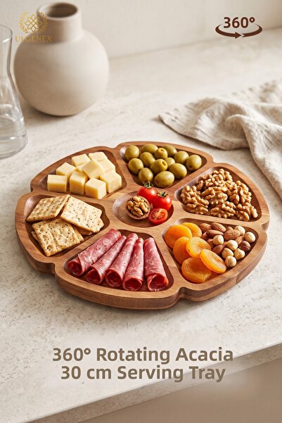 Ulgenex 7 Sections 360 °   Acacia Serving Plate with Rotating Stand 30 cm Bre...