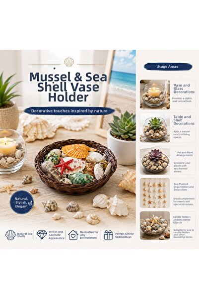 Go İthalat Round Wooden Basket with Colorful Mixed Molls - Sea Shell Vase Sto...