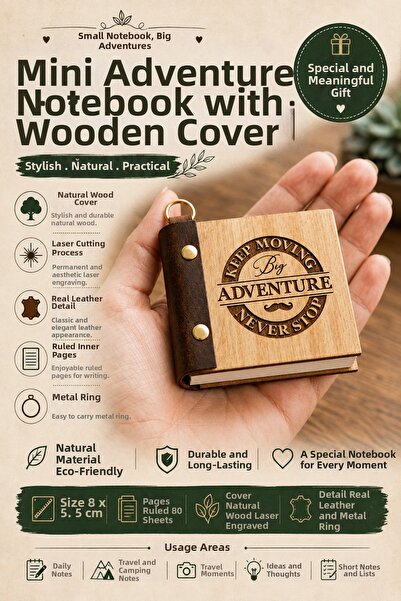ROKH 🌿   Mini Adventure Notebook with Wooden Cover, Leather Detail, Laser En...