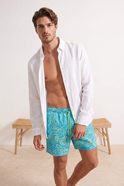 Trendyol Kollektion Blau gemusterte Herren-Badeshorts in normaler Größe und r...