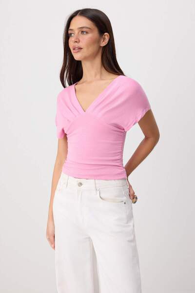 Trendyol Collection Pink Fitted/Bodycon Shirred/Draped Detailed Knitted Blous...