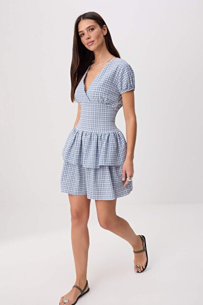 Trendyol Collection Rochie scurtă în carouri albastre / mini rochie țesută TW...