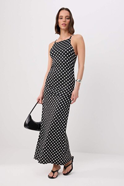 Trendyol Collection Black Polka Dot Fitted Halter Neck Shirred Midi Soft Knit...