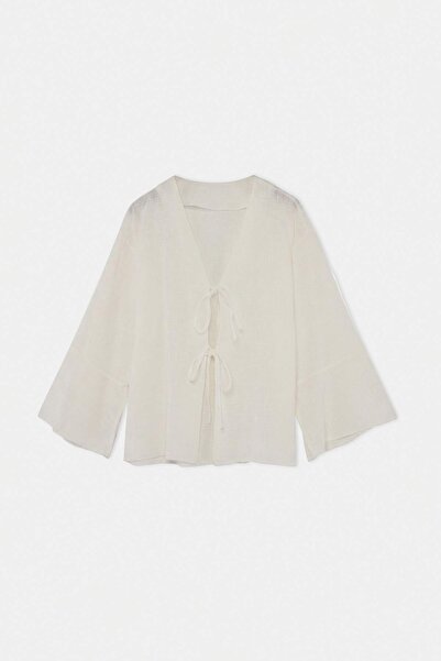 Drop by TrendyolMilla Bela bluza sa V-izrezom, vezanjem spreda, standardne ve...