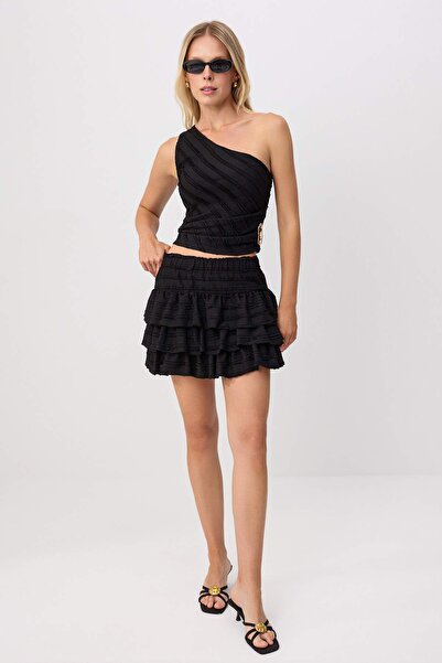 Trendyol Collection Black Plain Fitted/Asymmetrical Collar Textured Stretch K...