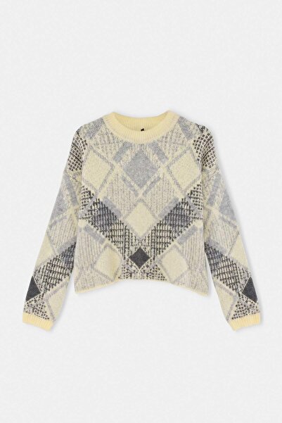 Trendyol Collection Yellow Wide Fit Crop Baklava Patterned Knitwear Sweater T...