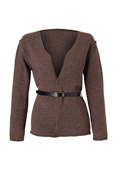 Trendyol Collection Cardigan maro cu textură moale și detaliu curea TWOAW27HI...