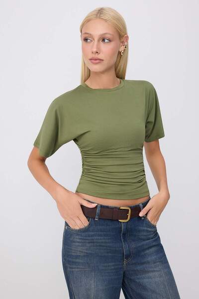 Trendyol Collection Tricou tricotat elastic din bumbac, kaki, cu guler rotund...