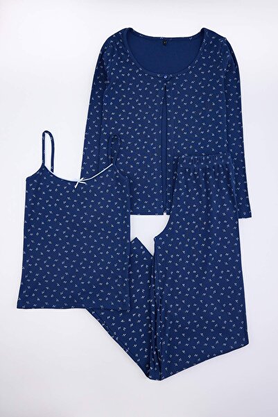 Trendyol Collection Navy Blue 3-Piece Cotton Floral Ribbed Knitted Pajama Set...