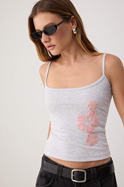 Trendyol Collection Tricou din bumbac tricotat cu nervuri, gri melanj, cu imp...