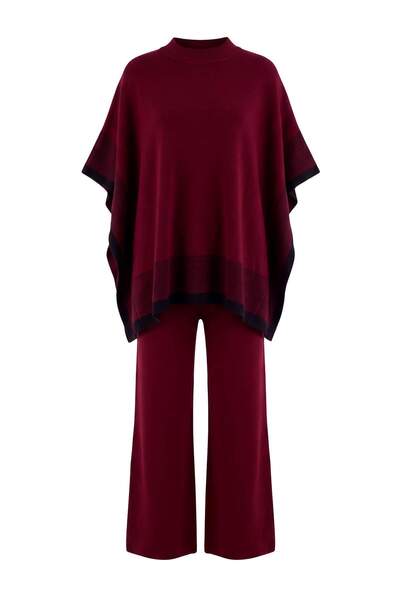 Trendyol Modest Burgundy Color Block Knitwear Poncho Pants Top-Down Set Tctaw...