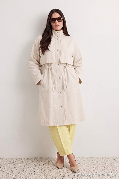 Trendyol Collection Beige Stand Collar Elastic Waist Mono Closure Oversize Lo...