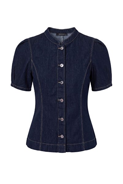 Trendyol Collection Dark Blue Balloon Cuff Detailed Denim Shirt Twoaw27Go00018