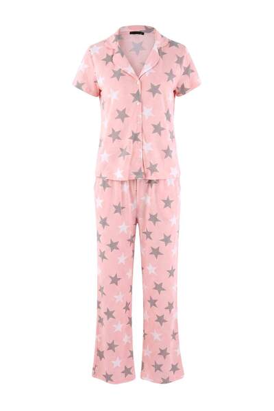 Trendyol Collection Set de pijamale roz, 100% bumbac, tricotate cu stele THMA...
