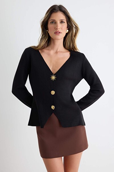 Trendyol Collection كارديغان محبوك بتفاصيل أزرار عصرية، باللون الأسود - TWOAW...