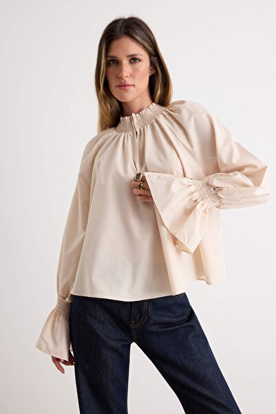Trendyol Collection Beige Gipe Detailed Boho Wide Fit Woven Blouse Twoaw27Bz0...