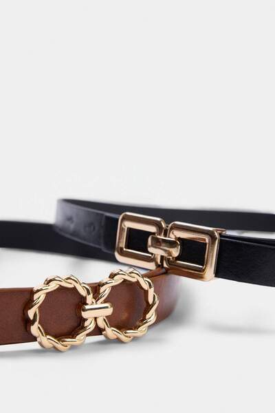 TRENDYOL SHOES حزام نسائي مزدوج باللون الأسود والبني TAKAW27KE00002