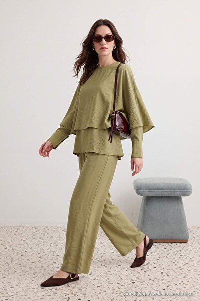 Trendyol Modest Light Khaki Draped Blouse Pants Woven Bottom - Top Set Tctaw2...