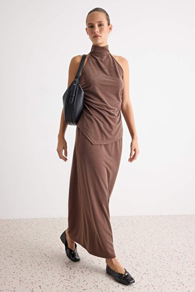 Trendyol Collection Brown Fitted/Bodycon High Neck Knitted Bottom with Lyocel...