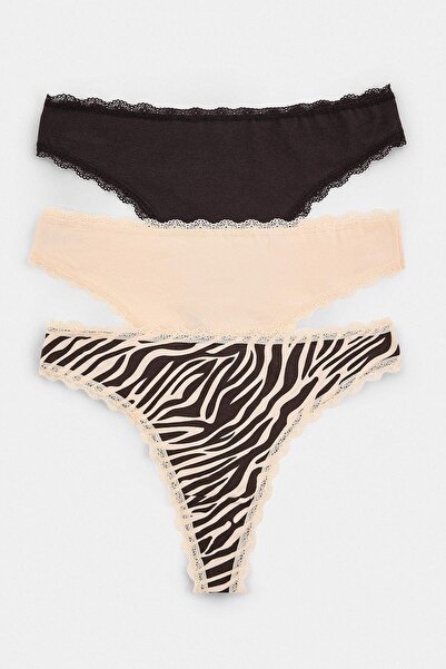 Trendyol Collection Brown-Multicolor 3-Piece Single Jersey Animal Thong Panti...