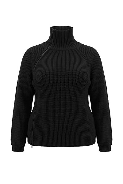 Trendyol Curve Black Zipper Detailed Asymmetrical Closure Knitwear Cardigan T...