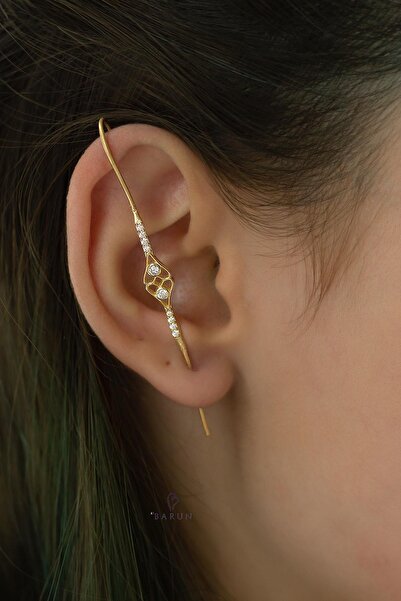 BY BARUN SİLVER Kıkırdak Earcuff Kalp Baston 925 Ayar Zirkon Taşlı Sarı Gold ...