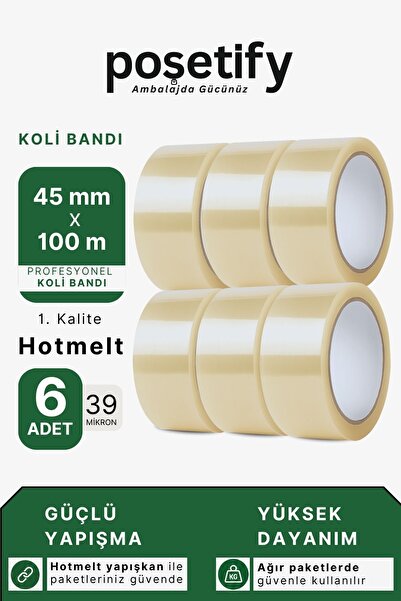 POŞETİFY 45 mm x 100 Metre Hotmelt Koli Bandı | 1. Kalite | Güçlü Şeffaf Pake...