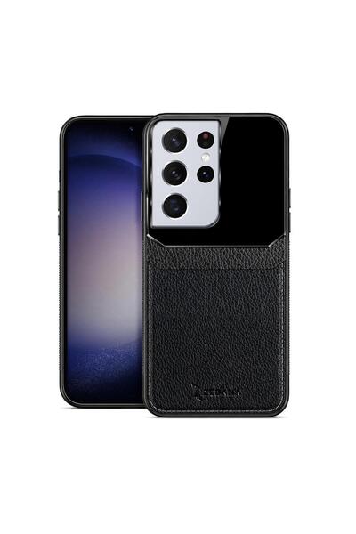 Zebana Samsung Galaxy S22 Ultra Uyumlu Kılıf Lens Deri Kılıf Siyah